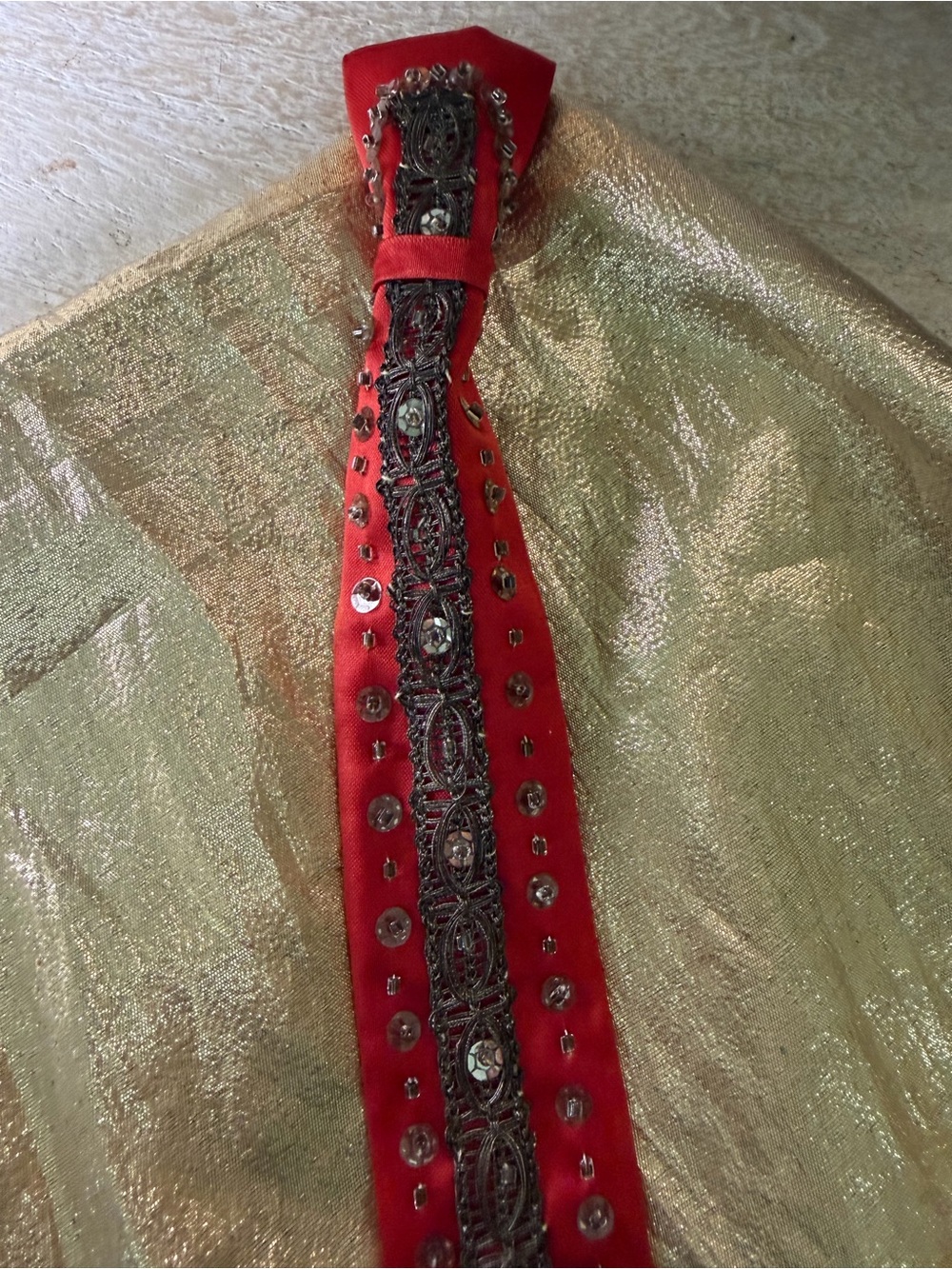 Vintage Red Embellished Ladies Satin Tie with Rhinestone Trim